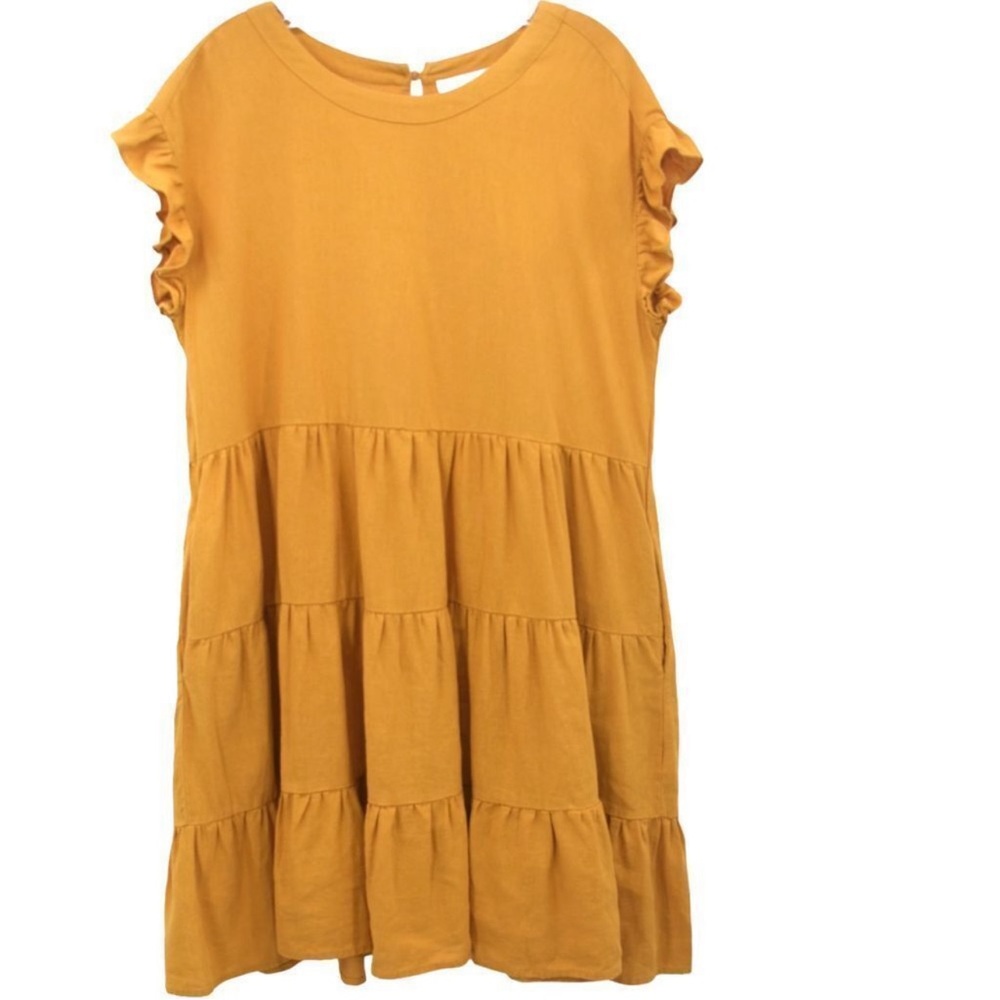 Gold Adyson Parker linen tiered babydoll shift mini dress sleeveless Med. - Picture 5 of 13